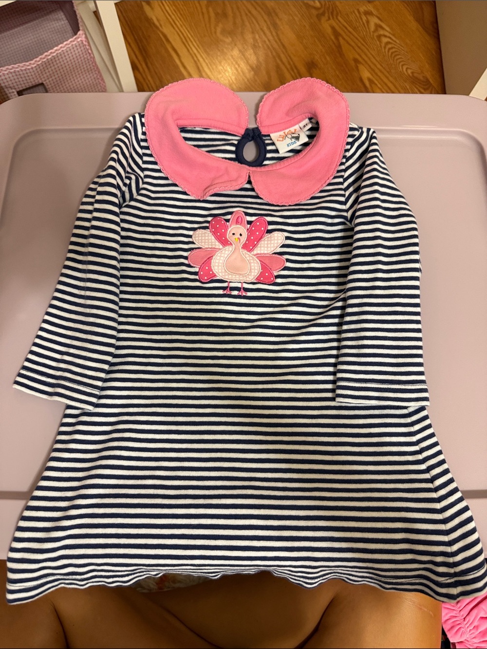 Girls Navy and White Stripe Dress with Pink Collar and Turkey Appliqué